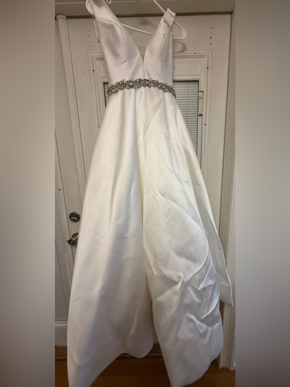 Sherri Hill White Satin Ball Gown with Crystal Beaded Waistband